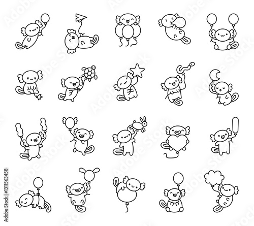 Adorable axolotl and balloon set featuring cute kawaii characters holding and flying, expressing emotions and celebrating joyful moments in a charming cartoon style for your creative illustrations