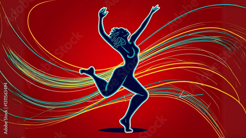Energetic Dancer Silhouette: A vibrant digital illustration of a woman dancing with dynamic, flowing lines against a vivid backdrop, capturing movement and grace.