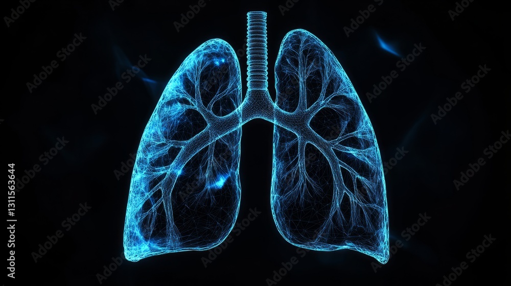 An extremely detailed three-dimensional grid model of the human lung leaps into view, carefully constructed by countless interconnected wire frames, revealing complex and delicate structures. An extremely detailed three-dimensional grid model of the human lung leaps into view, carefully constructed by countless interconnected wire frames, revealing complex and delicate structures.