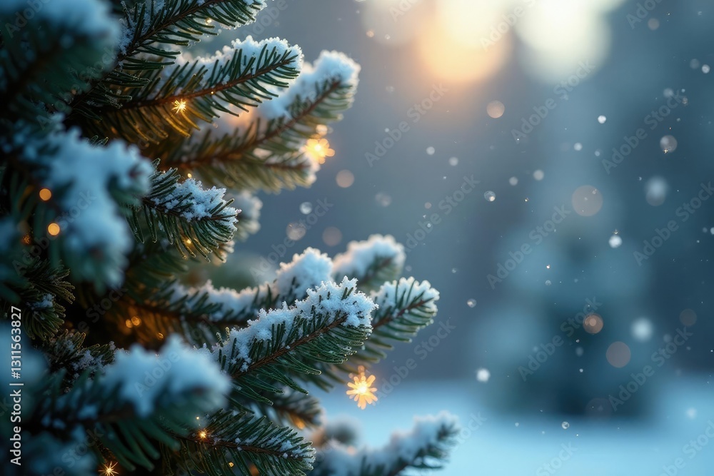 Snowflakes gently falling on a decorated tree, frost, winter, tree Snowflakes gently falling on a decorated tree, frost, winter, tree