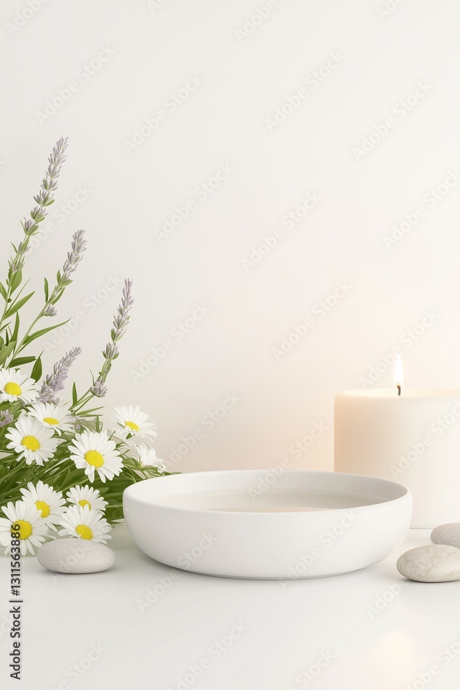Serenity in a tranquil setting with flowers, candles, and smooth stones for relaxation and mindfulness Serenity in a tranquil setting with flowers, candles, and smooth stones for relaxation and mindfulness