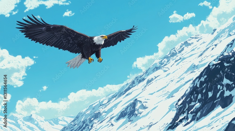 Obraz premium Majestic Bald Eagle Soaring Over Snowy Mountain Landscape Under Clear Blue Sky