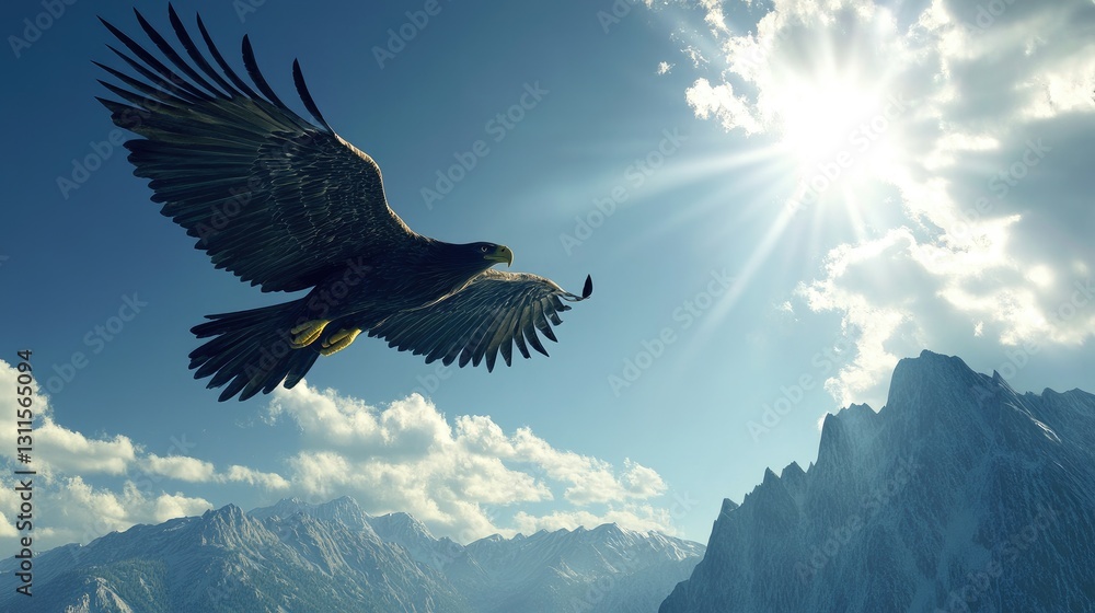 Fototapeta premium Majestic Eagle Soaring Against Luminous Sky Over Dramatic Mountain Landscape