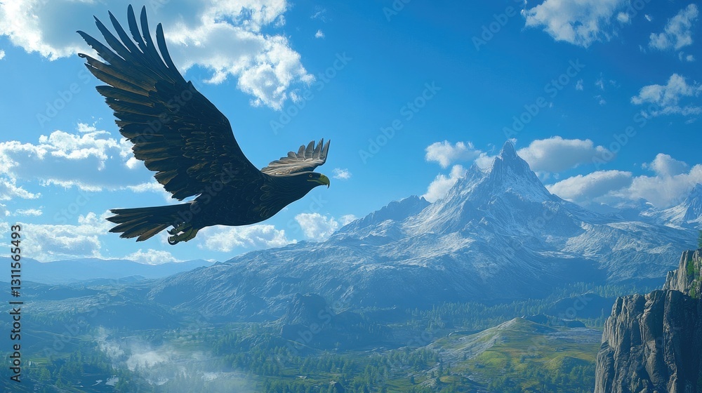 Obraz premium Majestic Eagle Soaring Above Lush Green Valleys and Snow-Capped Mountains Under a Bright Blue Sky