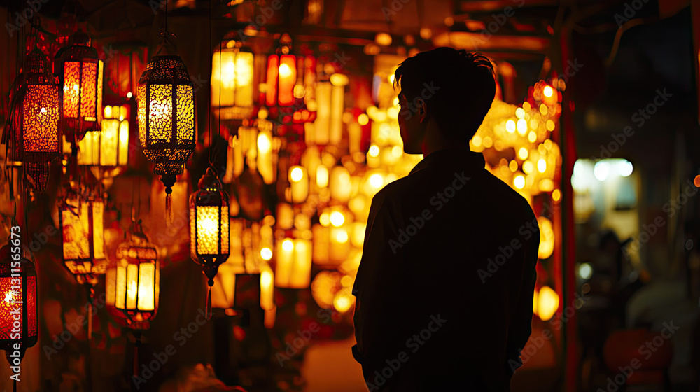 A silhouette of a person admiring colorful lanterns in a vibrant market at dusk A silhouette of a person admiring colorful lanterns in a vibrant market at dusk
