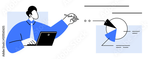 Businessperson working on laptop, pointing to pie chart with data sections and lines. Ideal for analytics, presentation, research, planning, statistics, strategy corporate themes. Flat simple