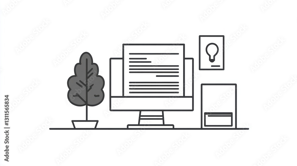 Simple Office Workspace Illustration, Showing a Computer and Desk Items Simple Office Workspace Illustration, Showing a Computer and Desk Items