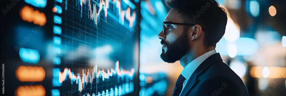 A businessman analyzing stock market trends on a holographic screen - A businessman analyzing stock market trends on a holographic screen -