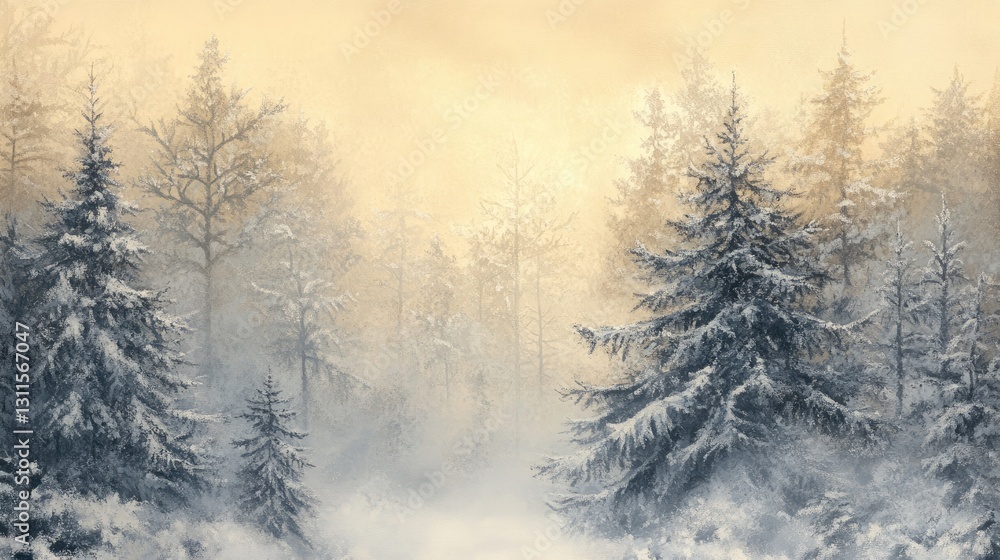 Serene Winter Landscape with Snow-Covered Trees and Soft Fog in a Tranquil Forest Setting Serene Winter Landscape with Snow-Covered Trees and Soft Fog in a Tranquil Forest Setting