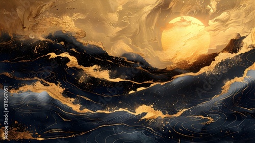 Dramatic Fluid Gold and Black Textured Brush Strokes with Japanese Symbols photo