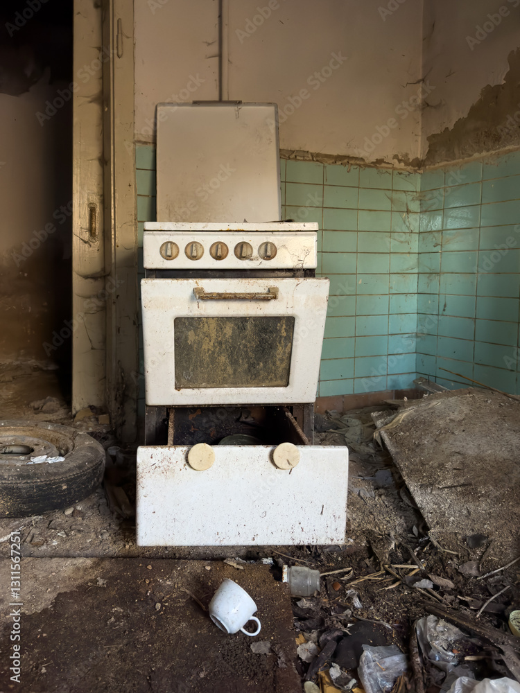 gas stove in the kitchen in an old dilapidated demolished house vertical