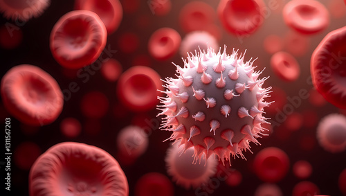 High-resolution 3D illustration of a white blood cell with a granular surface surrounded by red blood cells, representing immune response and medical science