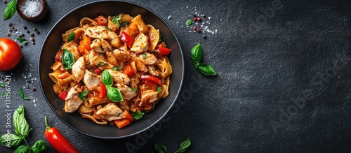 Wallpaper Mural Colorful homemade ptitim pasta with chicken and vegetables in a black bowl on dark gray table with fresh basil and pepper scattered around Torontodigital.ca