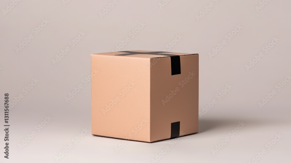 Fototapeta premium Closed light brown cardboard box sealed with black tape on white background.