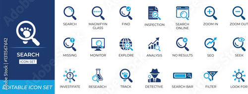 Search icon set with magnifying glass, analysing, detective, examining,  finding, horizontal, investigate, magnification, and discovery symbols for websites, and digital projects.