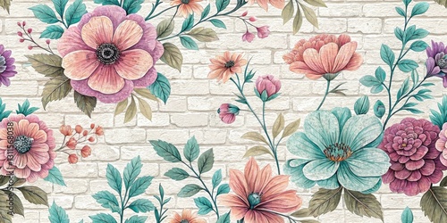 Wallpaper Mural Pastel Flower Brick Wall Bokeh Photography: Aesthetic Floral Designs on Vintage Brick Background Torontodigital.ca