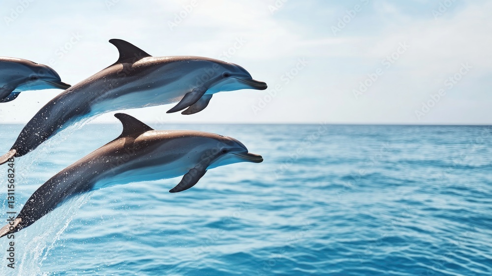 Fototapeta premium Three dolphins leap gracefully above shimmering ocean waves, sho