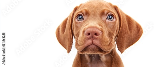 Wallpaper Mural Adorable Hungarian Wirehaired Vizsla puppy with soft golden fur and bright blue eyes centered against a clean white background. Torontodigital.ca