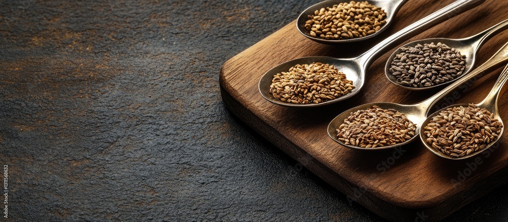Spoons filled with various cumin seeds on a dark wooden board with a textured background and ample blank space for text on the right Spoons filled with various cumin seeds on a dark wooden board with a textured background and ample blank space for text on the right