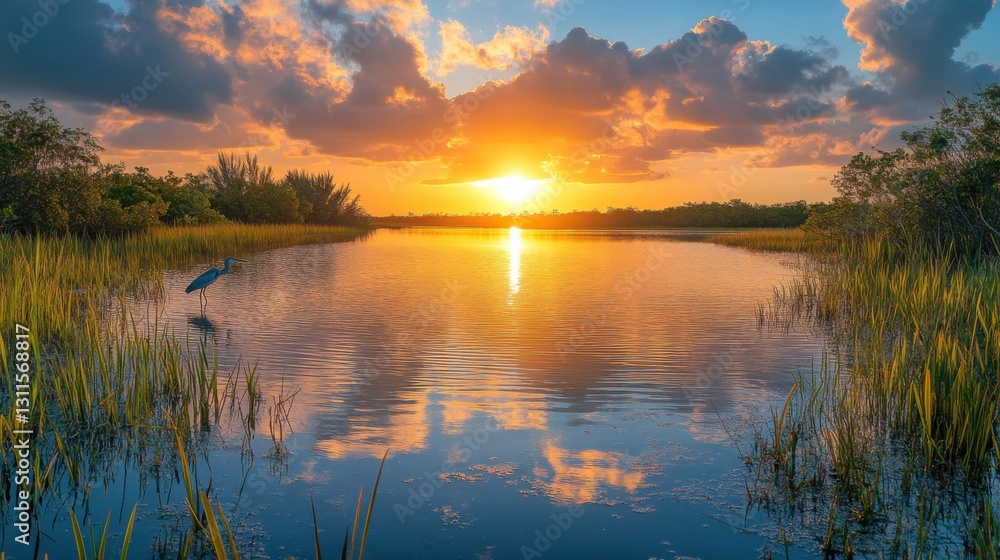Obraz premium Lake at sunset. Orange sky over water. Water reflecting the clouds. Bird in the water. Grass on lake shore.