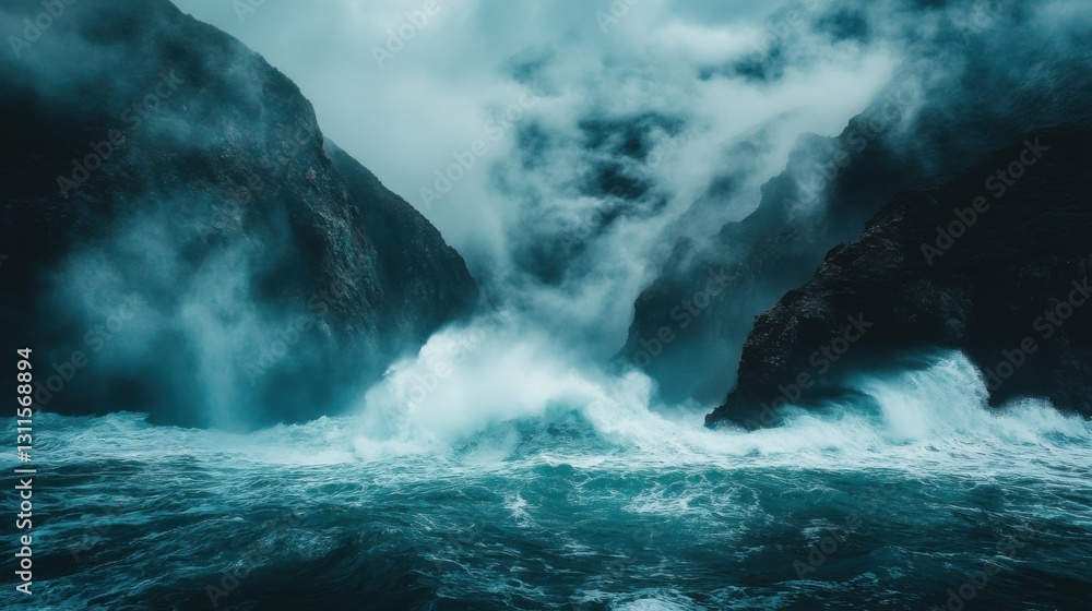 Obraz premium Ocean Waves Crash. Dark Rocks with Mist. Nature Scenery. Water Swirling Around Rocks. Mountain View. Sea Storm.