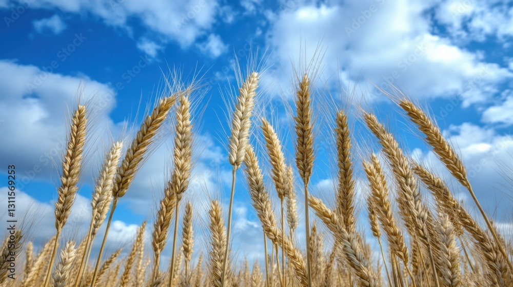 Wheat field grows tall. Golden stalks sway in the breeze. Blue sky with clouds as backdrop. Grain plants waving on a farm. Harvest time. Wheat field grows tall. Golden stalks sway in the breeze. Blue sky with clouds as backdrop. Grain plants waving on a farm. Harvest time.