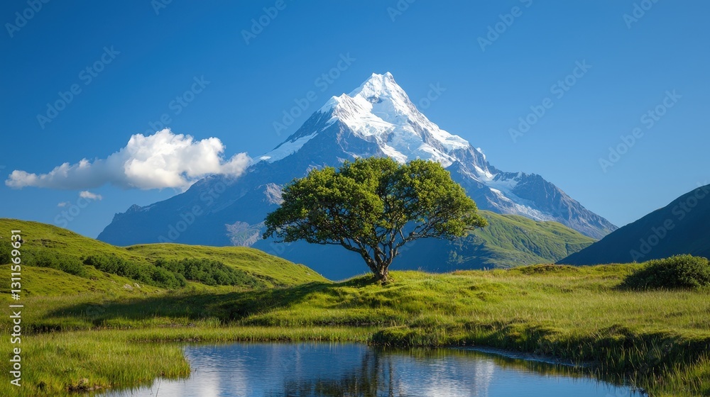Lone tree by a pond, reflecting a majestic snow-capped mountain under a vibrant blue sky. Lone tree by a pond, reflecting a majestic snow-capped mountain under a vibrant blue sky.