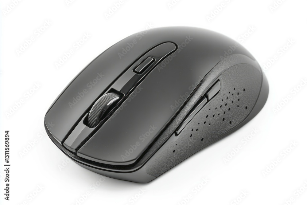 Black computer mouse with scroll wheel on white background. AI image Black computer mouse with scroll wheel on white background. AI image