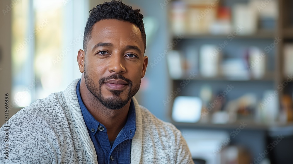 Portrait of a man in a cozy cafe setting, showcasing a warm smile and engaging demeanor during daytime Portrait of a man in a cozy cafe setting, showcasing a warm smile and engaging demeanor during daytime