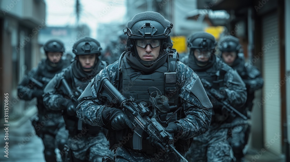 Military personnel conduct an operation in an urban environment during the early morning hours on a rainy day Military personnel conduct an operation in an urban environment during the early morning hours on a rainy day