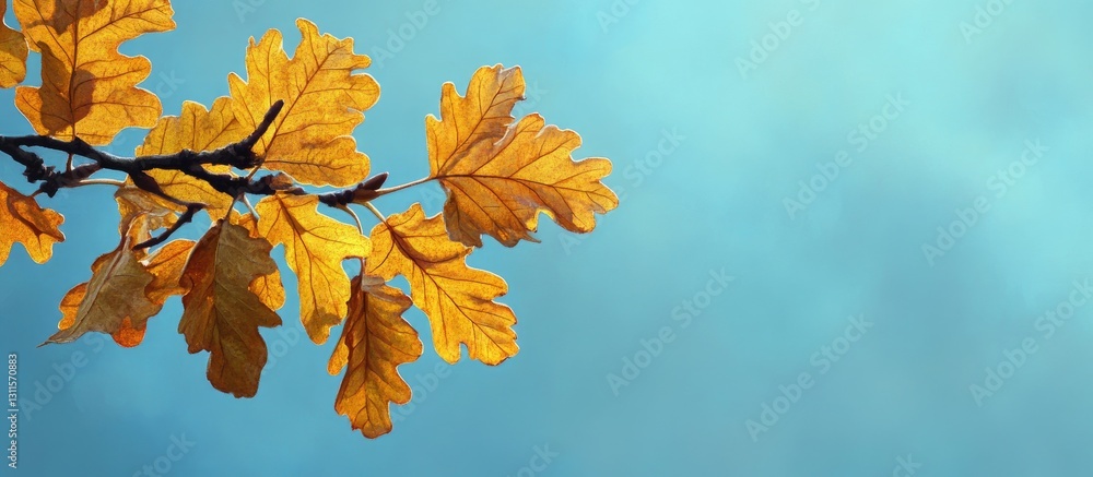 Autumn oak leaves branch with vibrant yellow foliage against a soft blue sky, creating a serene and natural atmosphere for seasonal imagery. Autumn oak leaves branch with vibrant yellow foliage against a soft blue sky, creating a serene and natural atmosphere for seasonal imagery.