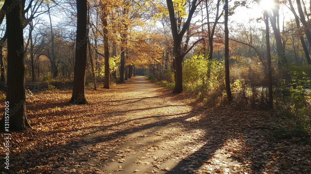 Obraz premium Scenic Autumn Pathway Surrounded by Golden Leaves and Trees in a Bright Sunlit Landscape