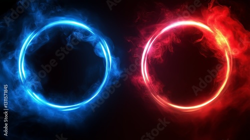 Neon circles red blue smoke swirl AI generated