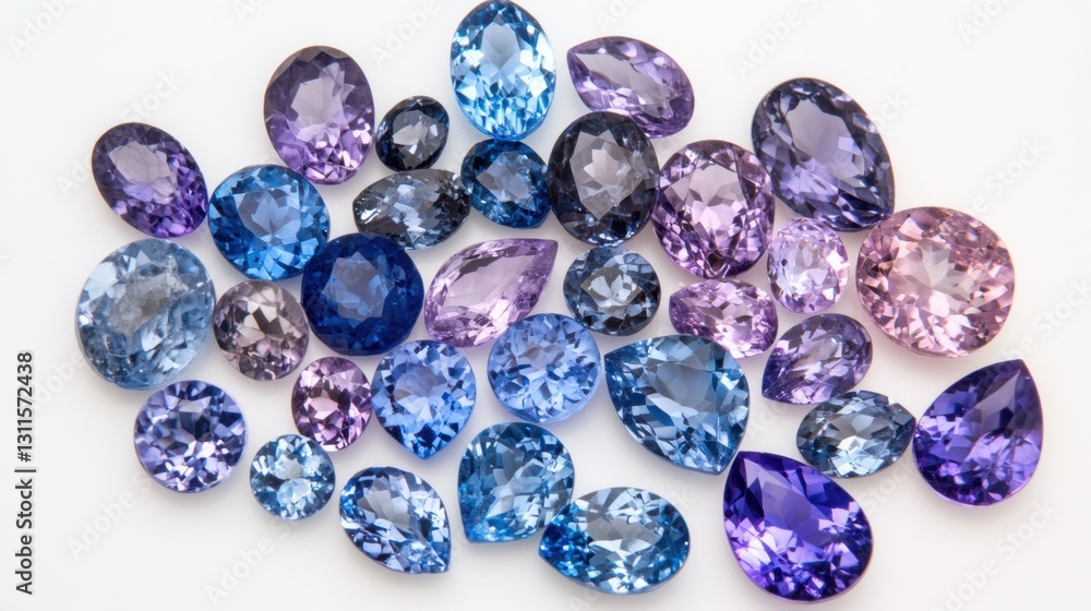 A collection of synthetic tanzanite stones arranged by size and color intensity. A collection of synthetic tanzanite stones arranged by size and color intensity.
