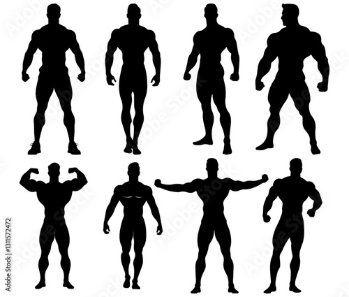 silhouettes of people with big muscles posing, set of bodybuilder shapes vector illustration