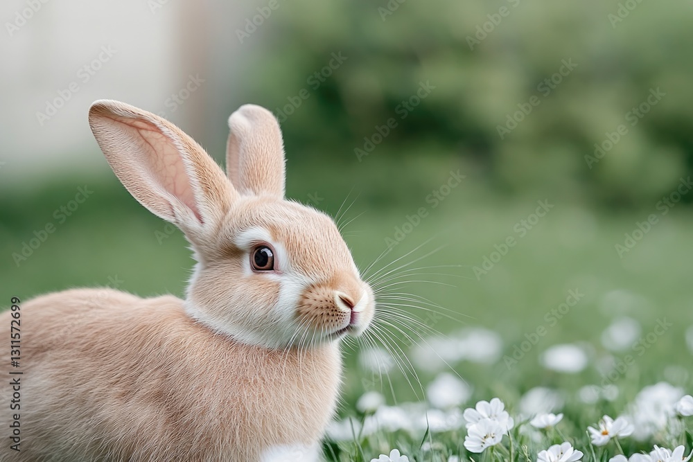 Fototapeta premium Soft furred rabbit surrounded by delicate white flowers, creatin