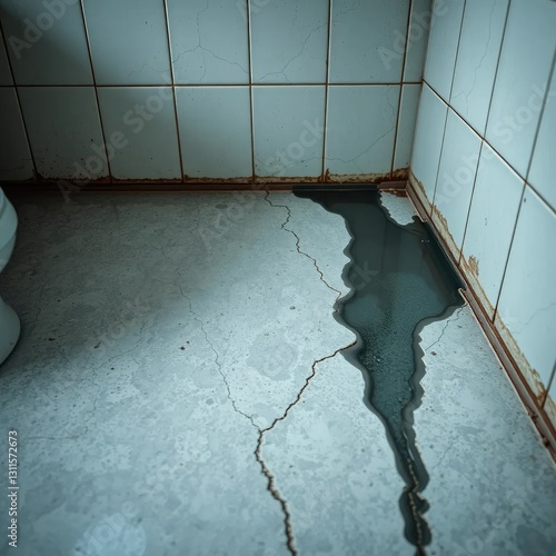 Cracked tile with water leakage in bathroom floor, seepage, concrete