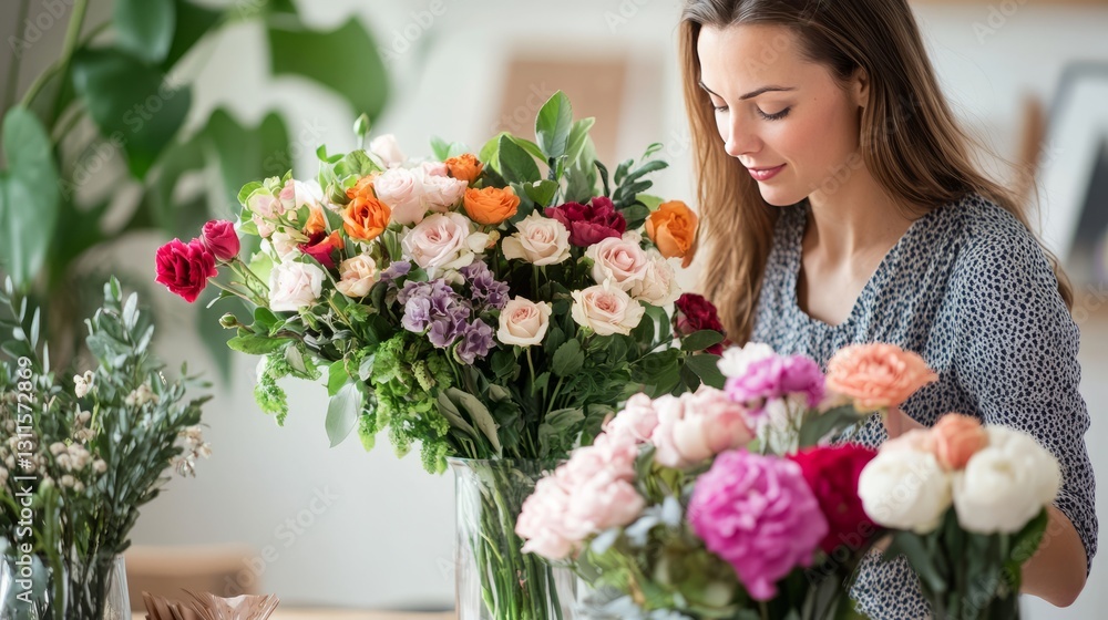 Generic Woman Arranging Overview Flowers Vase Easy Generic Woman Arranging Overview Flowers Vase Easy