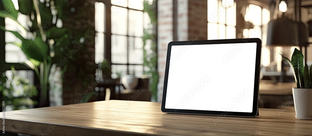 Blank digital tablet screen on wooden table in bright co-working space with large windows greenery and modern interior design elements. Blank digital tablet screen on wooden table in bright co-working space with large windows greenery and modern interior design elements.