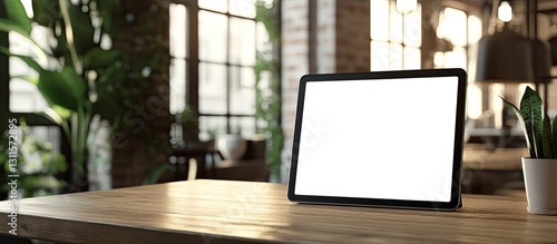 Wallpaper Mural Blank digital tablet screen on wooden table in bright co-working space with large windows greenery and modern interior design elements. Torontodigital.ca