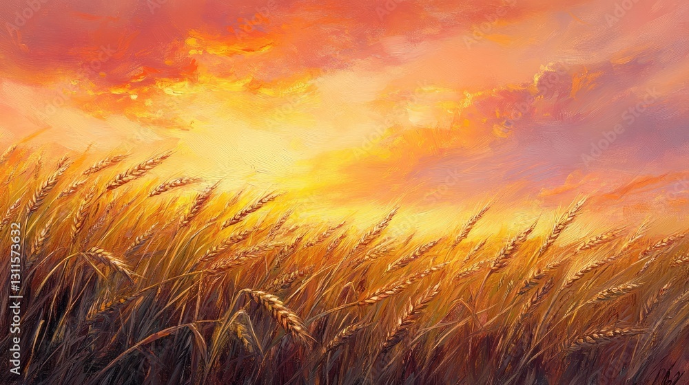 Obraz premium Golden Wheat Field Under Vibrant Sunset Sky with Fiery Orange and Soft Pink Clouds in Rural Landscape