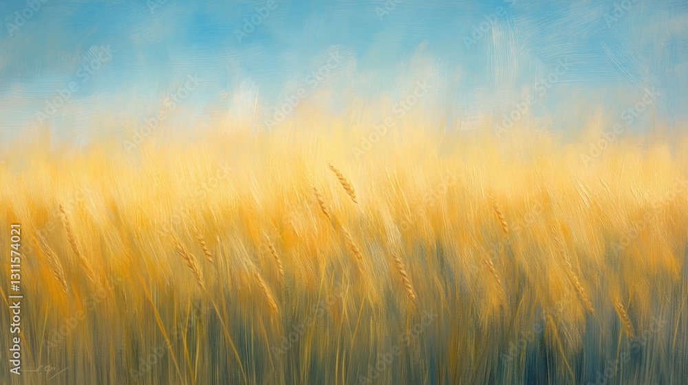 Golden Wheat Field Under Bright Blue Sky with Gentle Breeze and Soft Clouds in a Serene Landscape Golden Wheat Field Under Bright Blue Sky with Gentle Breeze and Soft Clouds in a Serene Landscape
