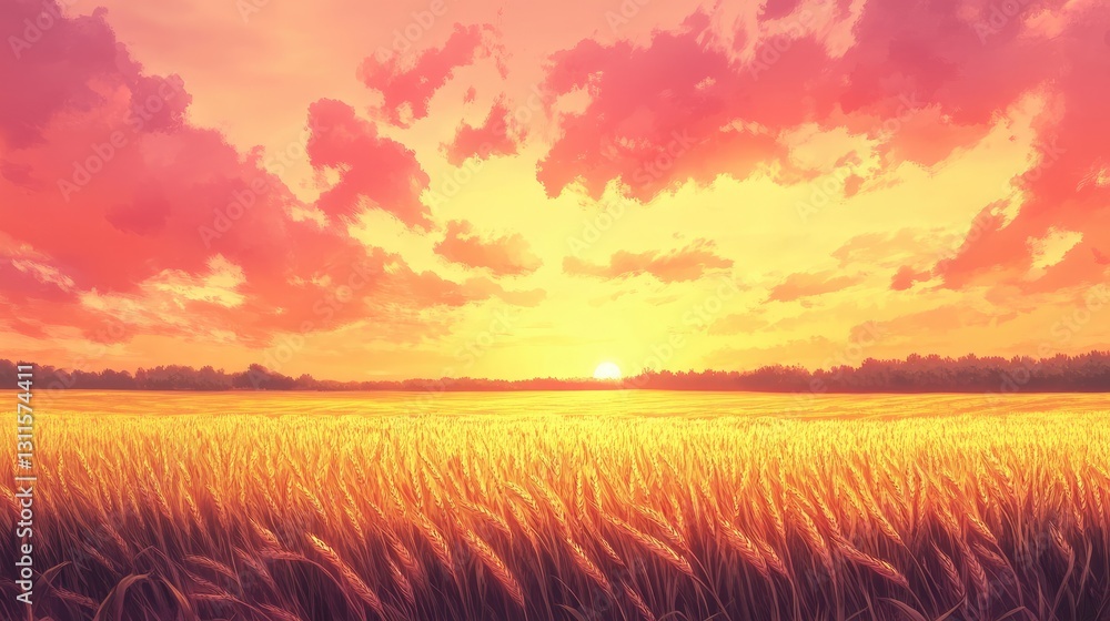 Fototapeta premium Serene Sunset Over Golden Wheat Field with Vibrant Sky and Gentle Clouds