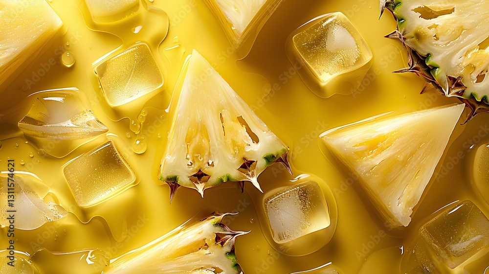 pineapple slices, ice cubes, Lots of little drops of water, background minimal and yellow