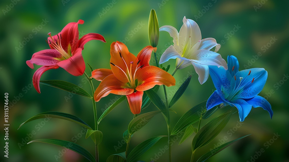 morning after rain, in the valley, five big different colored flowers bloom on the same stem of a lily