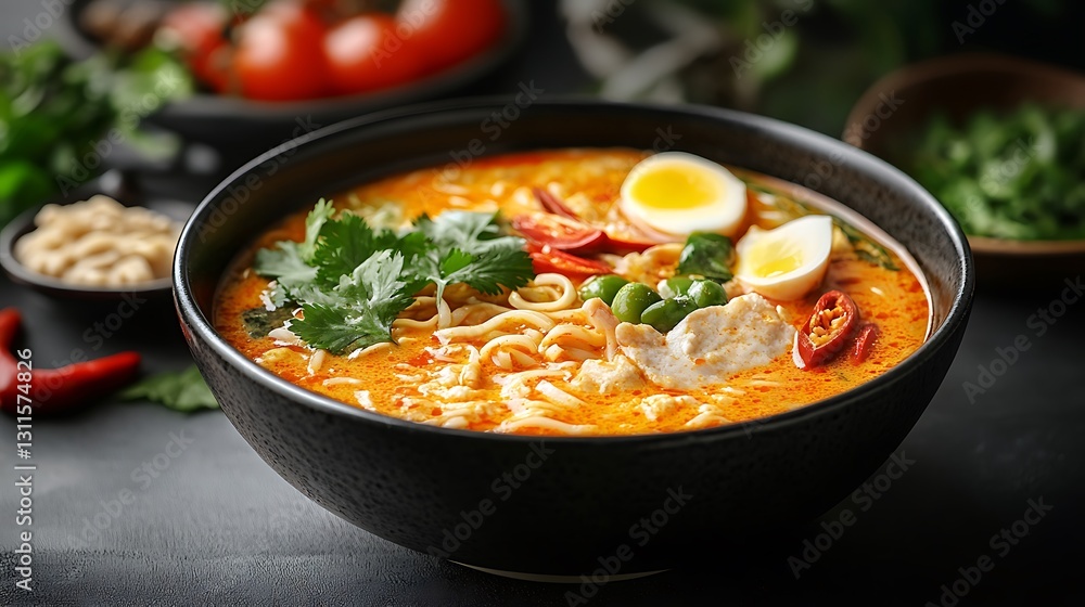 Spicy noodle soup with egg and chicken. Spicy noodle soup with egg and chicken.