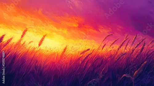 Vibrant Sunset over Wheat Field with Stunning Orange and Purple Sky in Rural Landscape