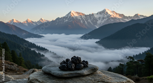 A serene nature scene with Shilajit resin resting on a flat stone, surrounded by Himalayan mountains and misty air to represent its origin and purity: Shilajit, pure, rock, lake, stone, landscape, sno