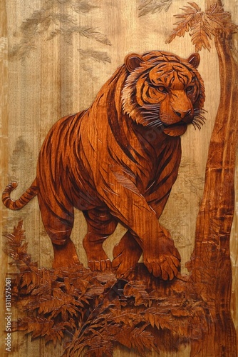 Intarsia-panel with inserts: mahogany tiger on the rise