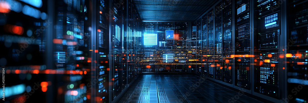 Obraz premium A data center filled with servers and AI algorithms processing information -